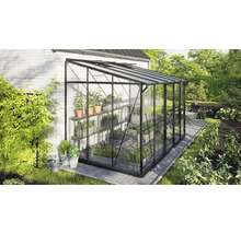 Glazen en metalen kas met plantenplanken in de tuin.