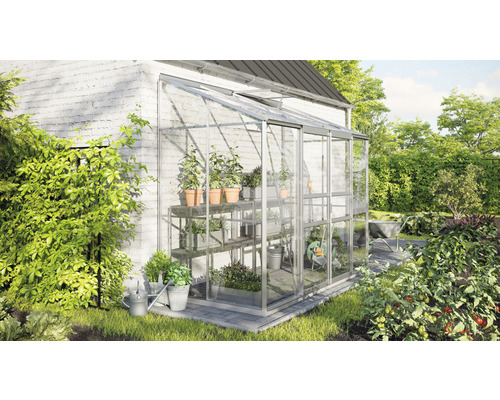 VITAVIA Kweekkas Ida 3300 zilver met enkel veiligheidsglas 3 mm 255 x 131,5 cm Kas met plantenrekken in de tuin.