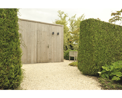 Tuin met houten tuinhuis, grindpad en gesnoeide haag