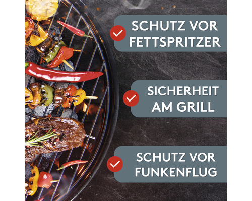 Barbecuescène met tekstinformatie over spatbescherming, veiligheid en vonkbescherming