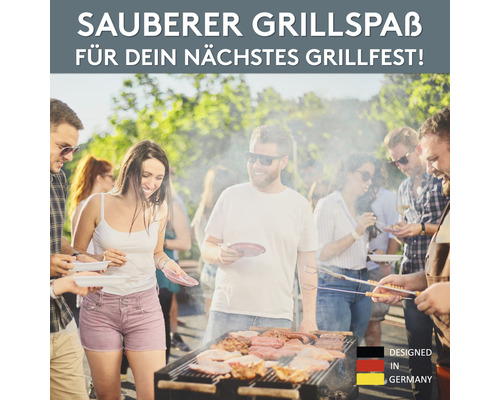 Barbecuefeest met een groep mensen rond een barbecue met vlees en worst. Ontwerp uit Duitsland.