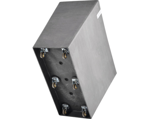 Grijze plantenbak met zes wielen