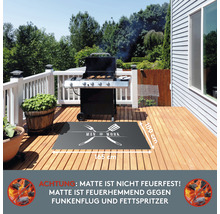 Barbecueplek op een houten terras met grillmat, afmeting 165 bij 100 centimeter, met de opdruk Man at Work