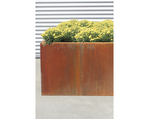 Metalen bloembak met gele bloemen