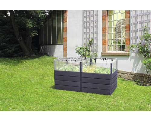 Verhoogde tuinbak met planten in de tuin