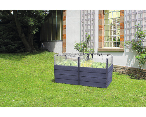 Kunststof plantenbak met sla in de tuin.