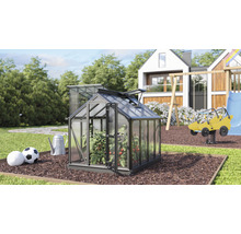 Tuinscene met kas, speeltuin en woonhuis op de achtergrond.