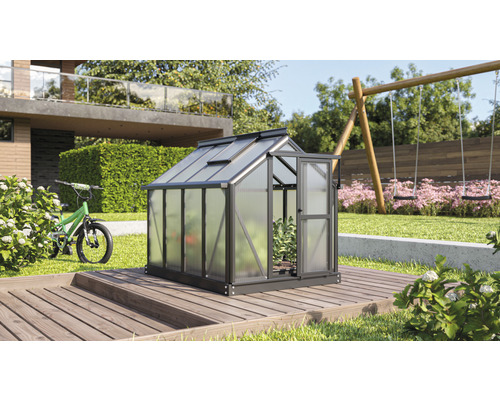 VITAVIA Mini Kweekkas Merlin aluminium zwart met kanaalplaten 4 mm 87,2 x 111,6 cm Kleine kas met open deur in de tuin
