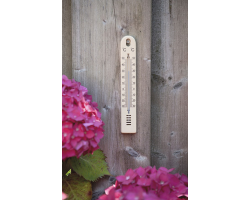 Thermometer aan een houten muur met planten op de voorgrond