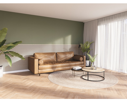 Woonkamer met leren bank, salontafels en kamerplanten