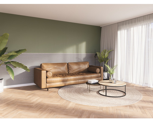 Woonkamer met bruine leren bank, twee salontafels en kamerplanten op een rond vloerkleed