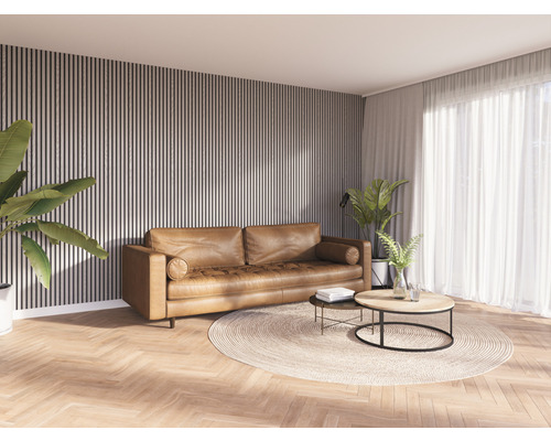 Woonkamer met leren bank, salontafel en planten