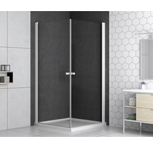 Hoekdouche met transparant glas en frame in badkamer