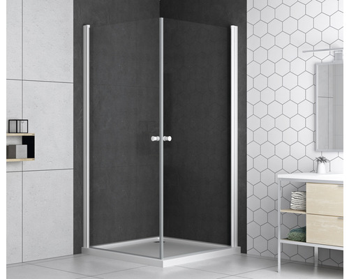 Hoekdouche met transparant glas en frame in badkamer