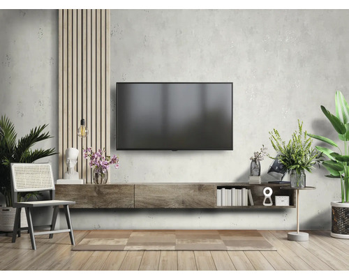 Woonkamer met televisie, tv-meubel, stoel en kamerplanten voor een gezellige sfeer