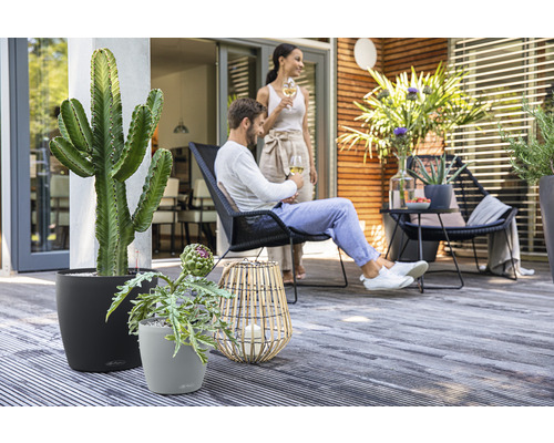 Scene met planten in plantenbakken, zitmeubelen en ontspannen mensen op een terras