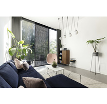 Woonkamer met bank, stoel, kast en planten