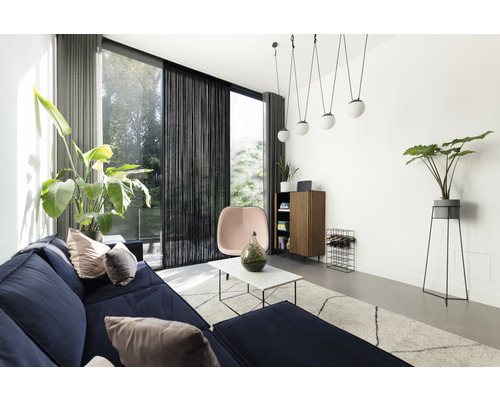 Woonkamer met bank, salontafel, kast, planten en verlichting voor een heldere en georganiseerde sfeer.