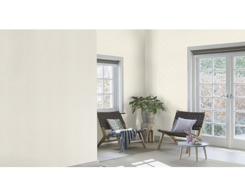 Lichte kamer ingericht met twee stoelen, bijzettafel en planten.