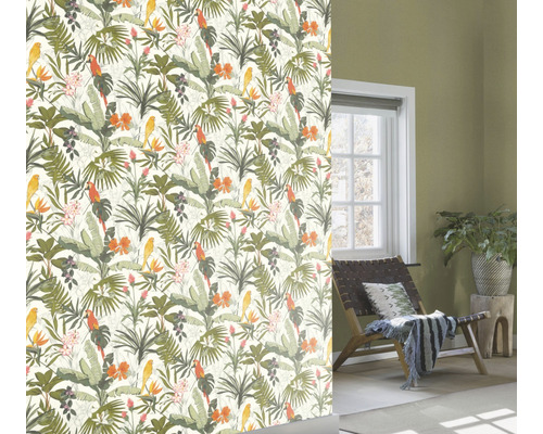 vliesbehang met bloemen en vogels wit groen - behang met bloemenmotieven