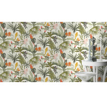 Behang met jungle motieven, inclusief papegaaien en tropische planten