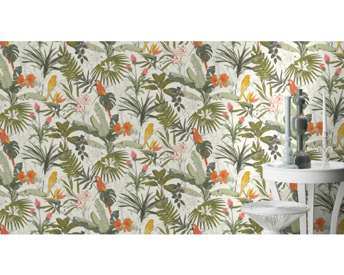 Behang met jungle motieven, inclusief papegaaien en tropische planten