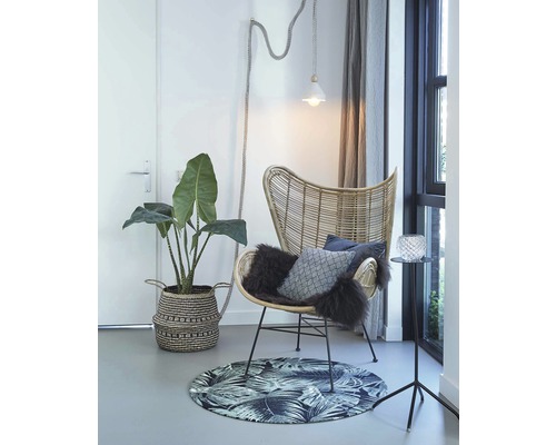 Woonkamerscène met rotan stoel, plant in mand, vloerkleed en staande lamp