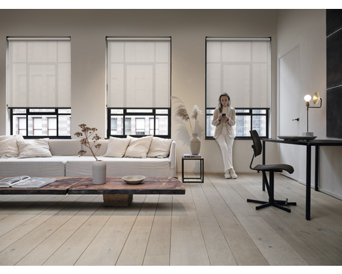 Woonkamer met rolgordijnen, bank, salontafel en bureau