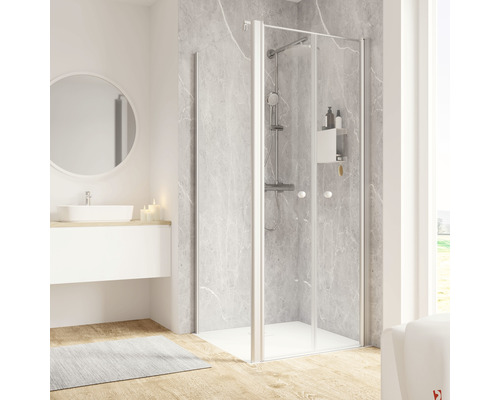 SCHULTE Douchedeur met zijwand Garant 2.0 aluminium 80x80 cm helder glas Badkamer met douchecabine, wastafel en spiegel