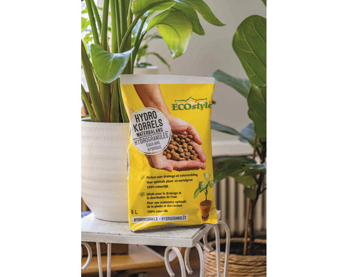 Verpakking hydrokorrels met het EcoStyle logo voor planten