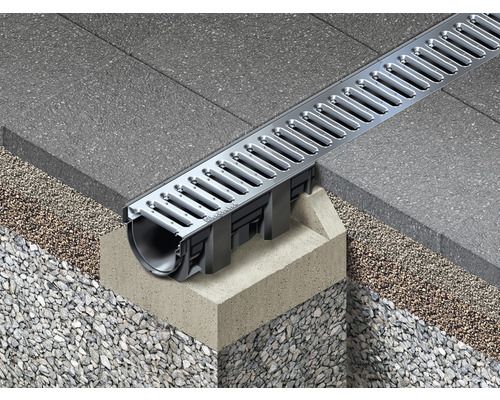 Detailaanzicht van een ingebouwde afwateringsgoot met rooster