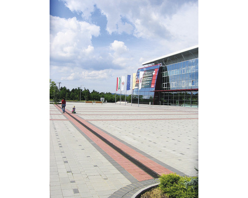 Buitenaanzicht van een gebouw met vlaggen en een geplaveid plein