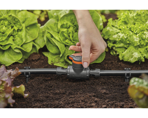 Gardena Micro-Drip-systeem met hand in de tuin voor het bewateren van planten