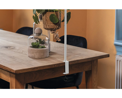 Scene met tafel, decoratie en een houder om planten op te hangen