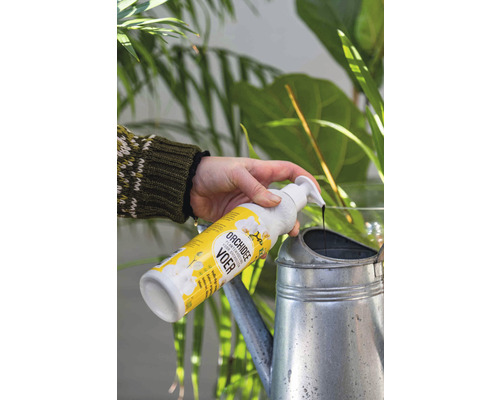 Orchideeënvoeding wordt in een gieter gegoten.