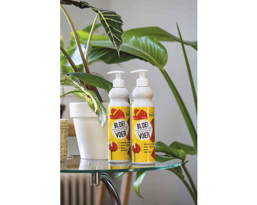 Twee flessen bloeiende plantenvoeding op een glazen tafel naast kamerplanten