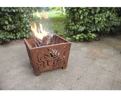 Vuurkorf van metaal met vlammotief en brandend hout