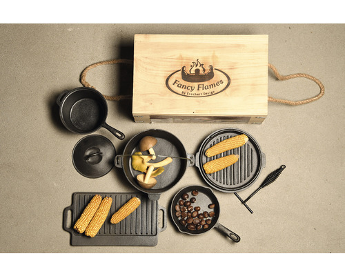 Esschert Design Fancy Flames kookset van gietijzer met houten kist
