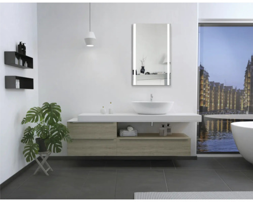 Moderne badkamer met wastafel, spiegel met verlichting, bad en plant