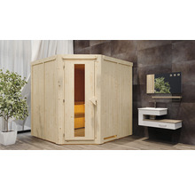 Houten sauna in een badkamer met wastafel en spiegel