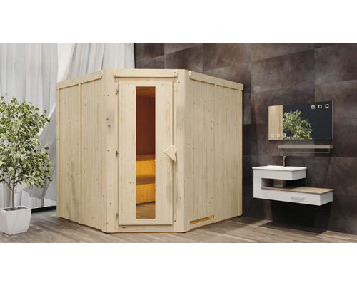 Houten sauna in een badkamer met wastafel en spiegel