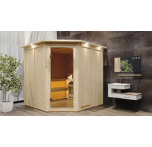 Houten sauna met glazen deur en wastafel in de badkamer