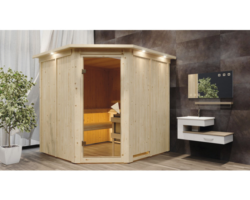 Houten binnensauna met glazen deur en wastafel in de badkamer