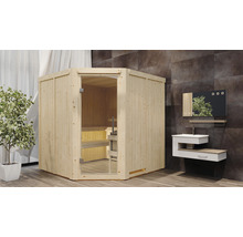 Houten hoeksauna met glazen deur en badkamermeubel