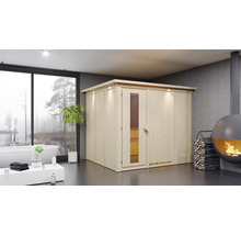 Moderne badkamerscène met sauna, bad en open haard
