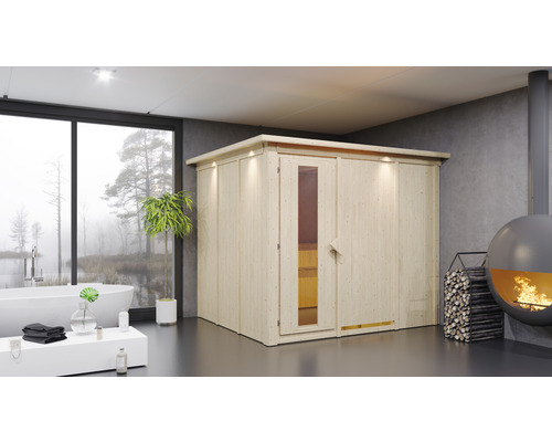 Moderne badkamerscène met sauna, bad en open haard