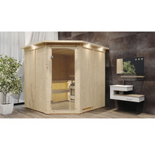 Houten sauna met glazen deur en badkamerinrichting