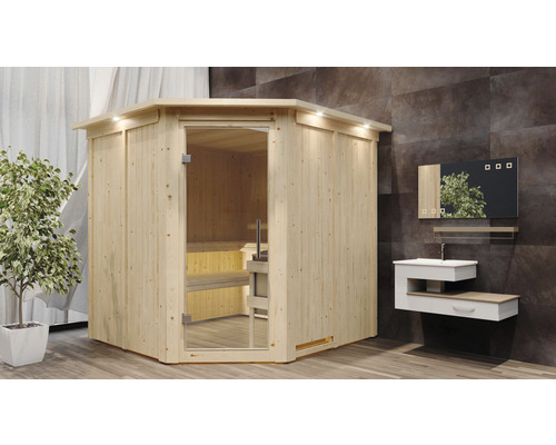 Houten sauna met glazen deur en badkamerinrichting