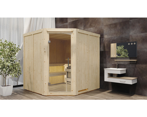 Houten hoeksauna met glazen deur in een badkamer