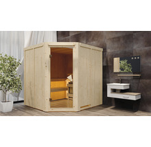 Houten hoeksauna met glazen deur in een badkamer